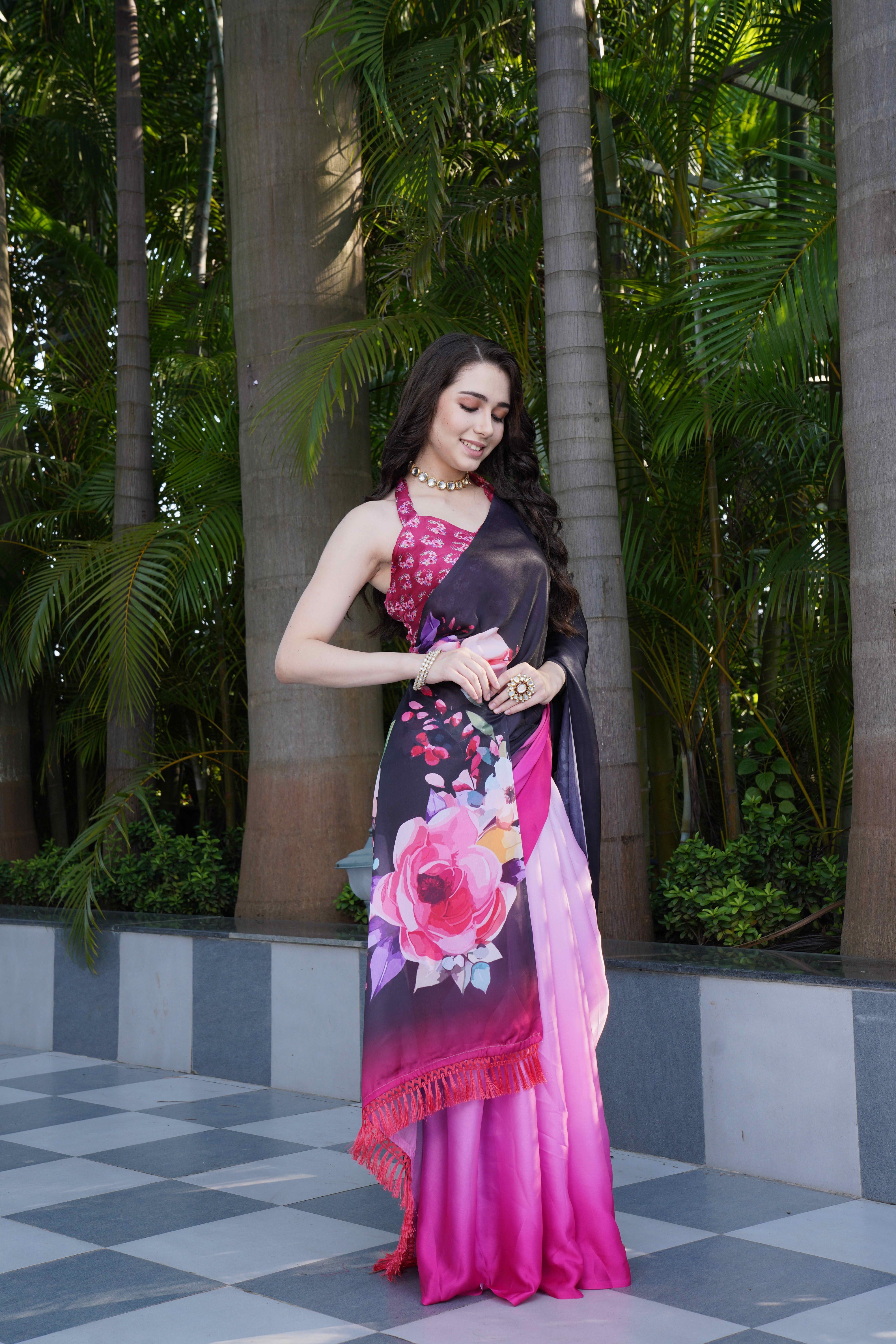 Black Pink Colour Block Georgette Saree